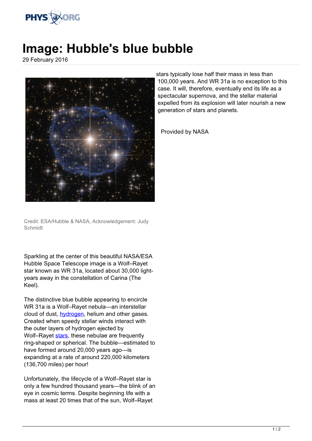 Hubble's Blue Bubble 29 February 2016