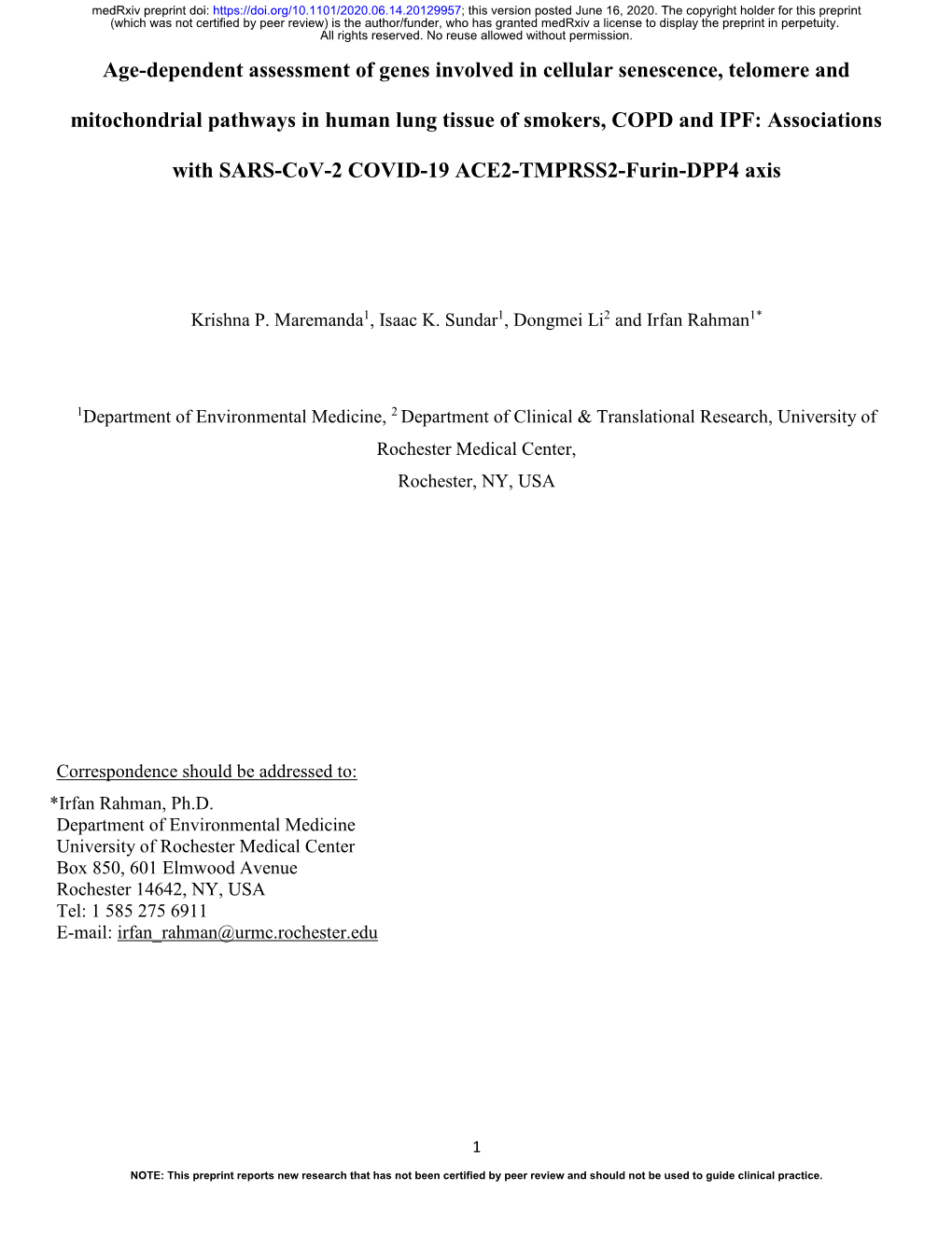 Age-Dependent Assessment of Genes Involved in Cellular Senescence, Telomere And