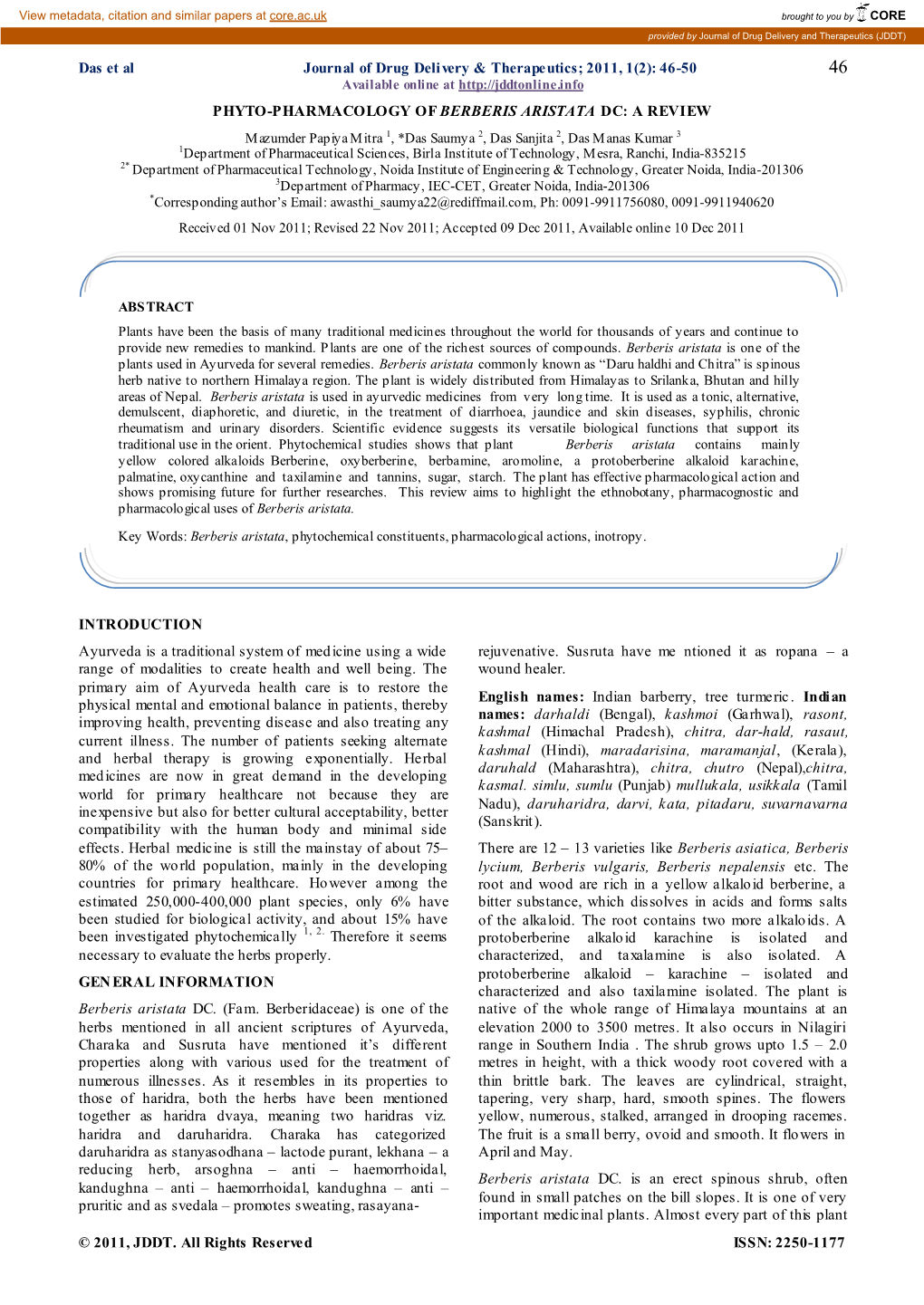 Phyto-Pharmacology of Berberis Aristata DC-A Review