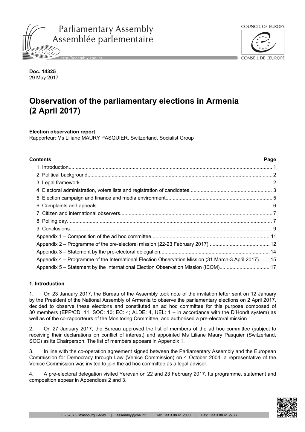 Observation of the Parliamentary Elections in Armenia (2 April 2017)