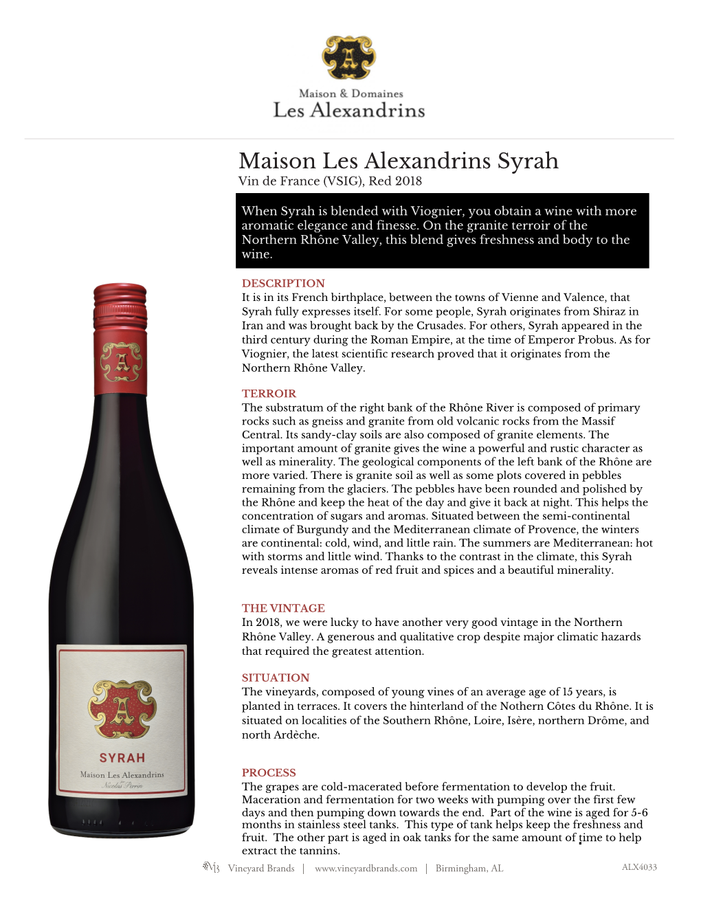 Maison Les Alexandrins Syrah Vin De France (VSIG), Red 2018