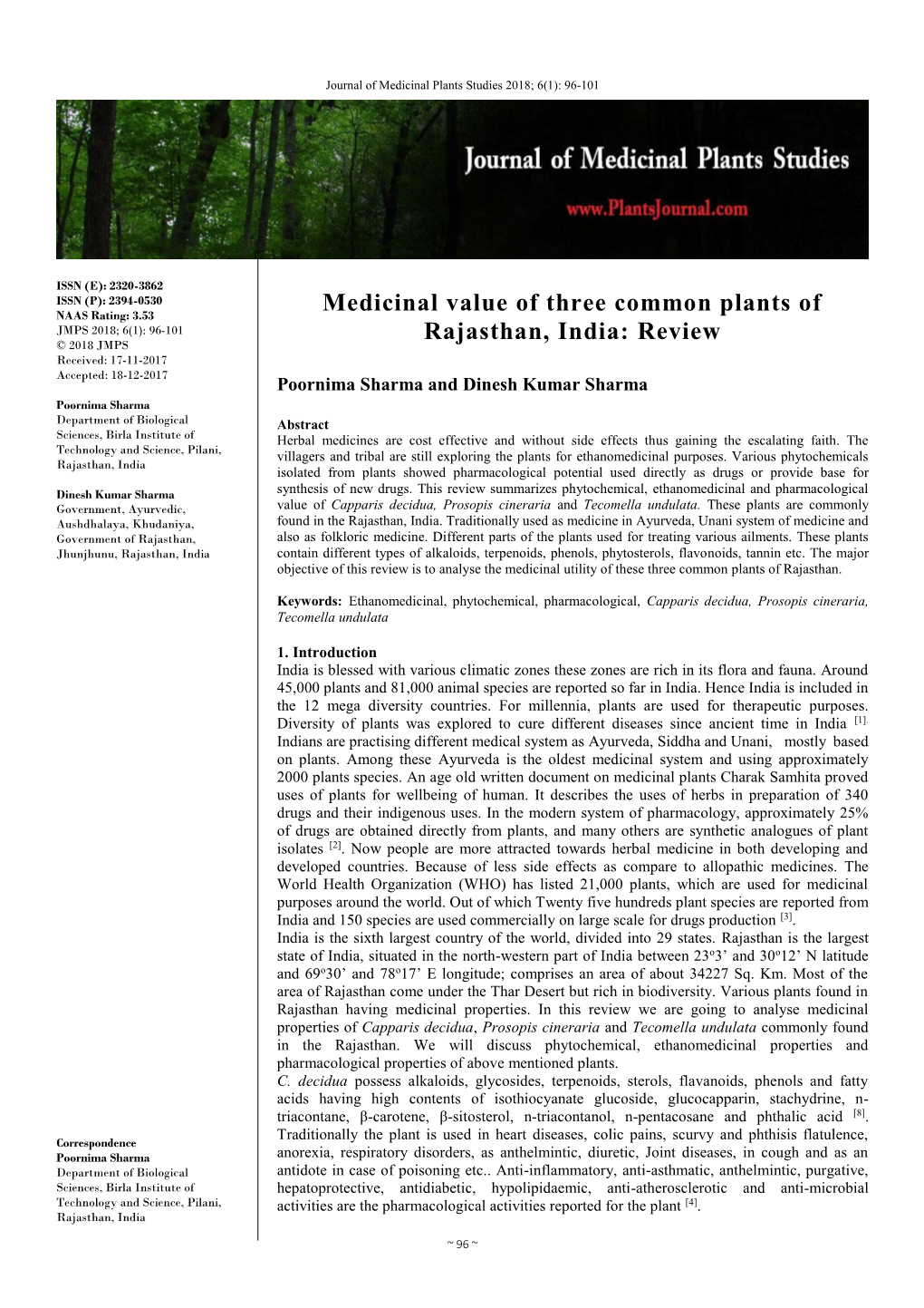 Medicinal Value of Three Common Plants of Rajasthan, India: Review