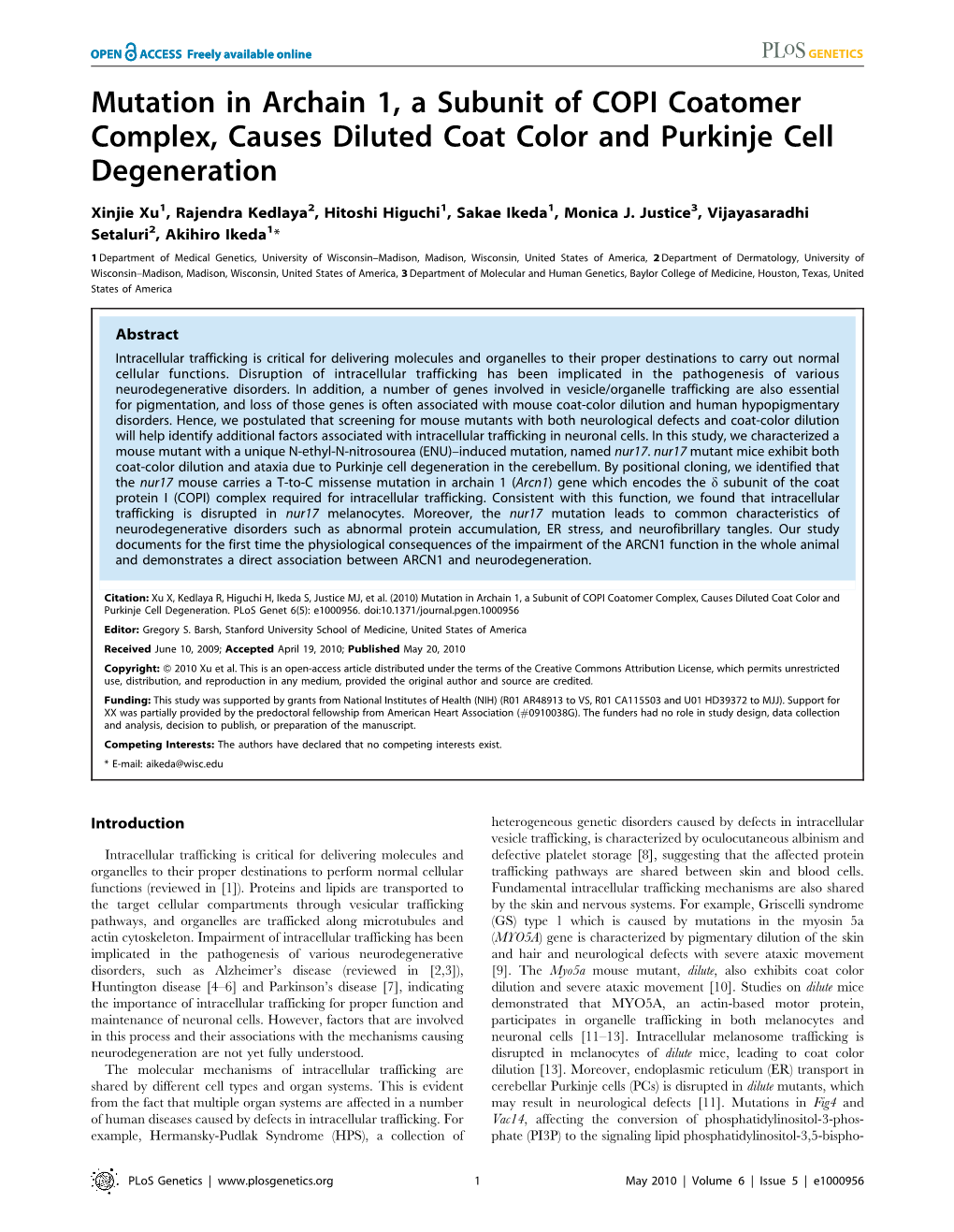 Mutation in Archain 1, a Subunit of COPI Coatomer Complex, Causes Diluted Coat Color and Purkinje Cell Degeneration