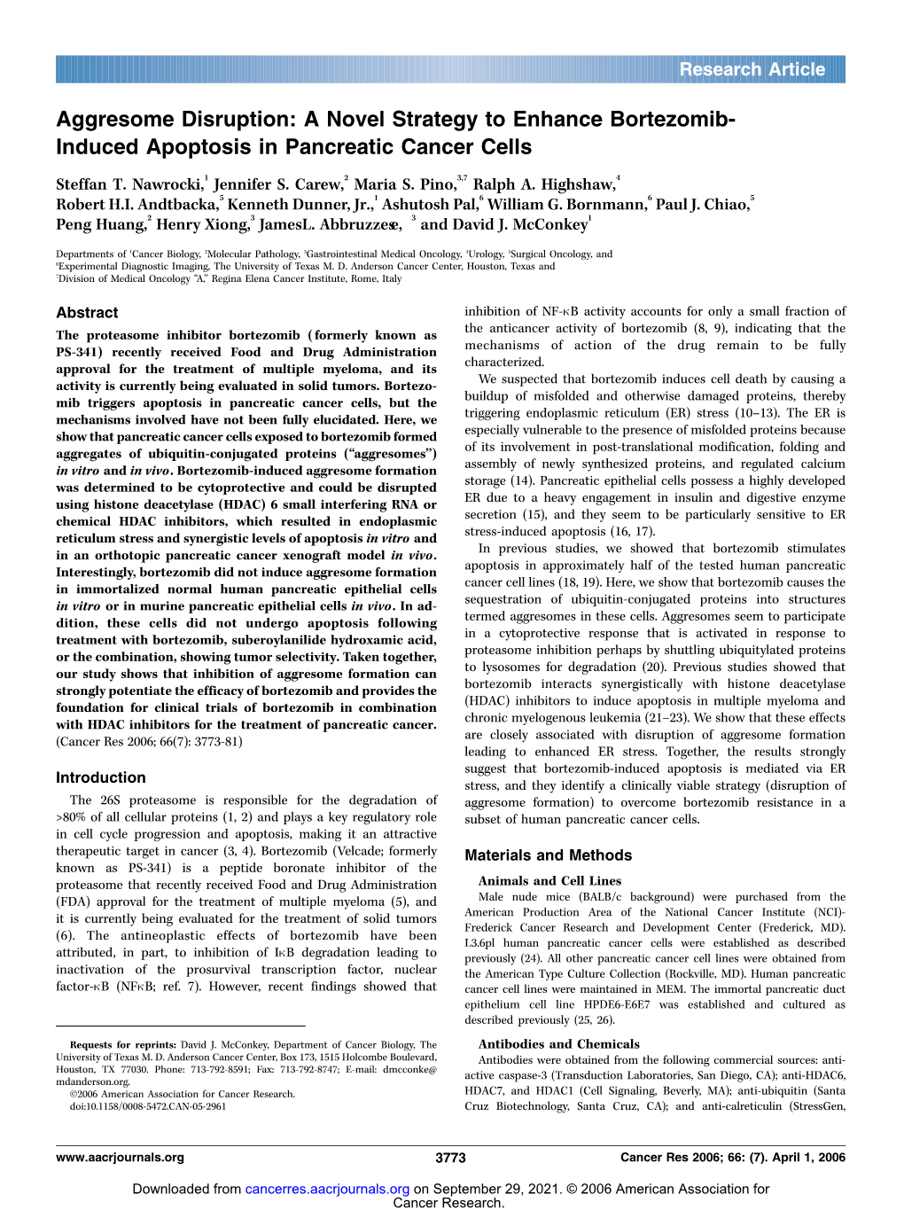 Aggresome Disruption: a Novel Strategy to Enhance Bortezomib- Induced Apoptosis in Pancreatic Cancer Cells