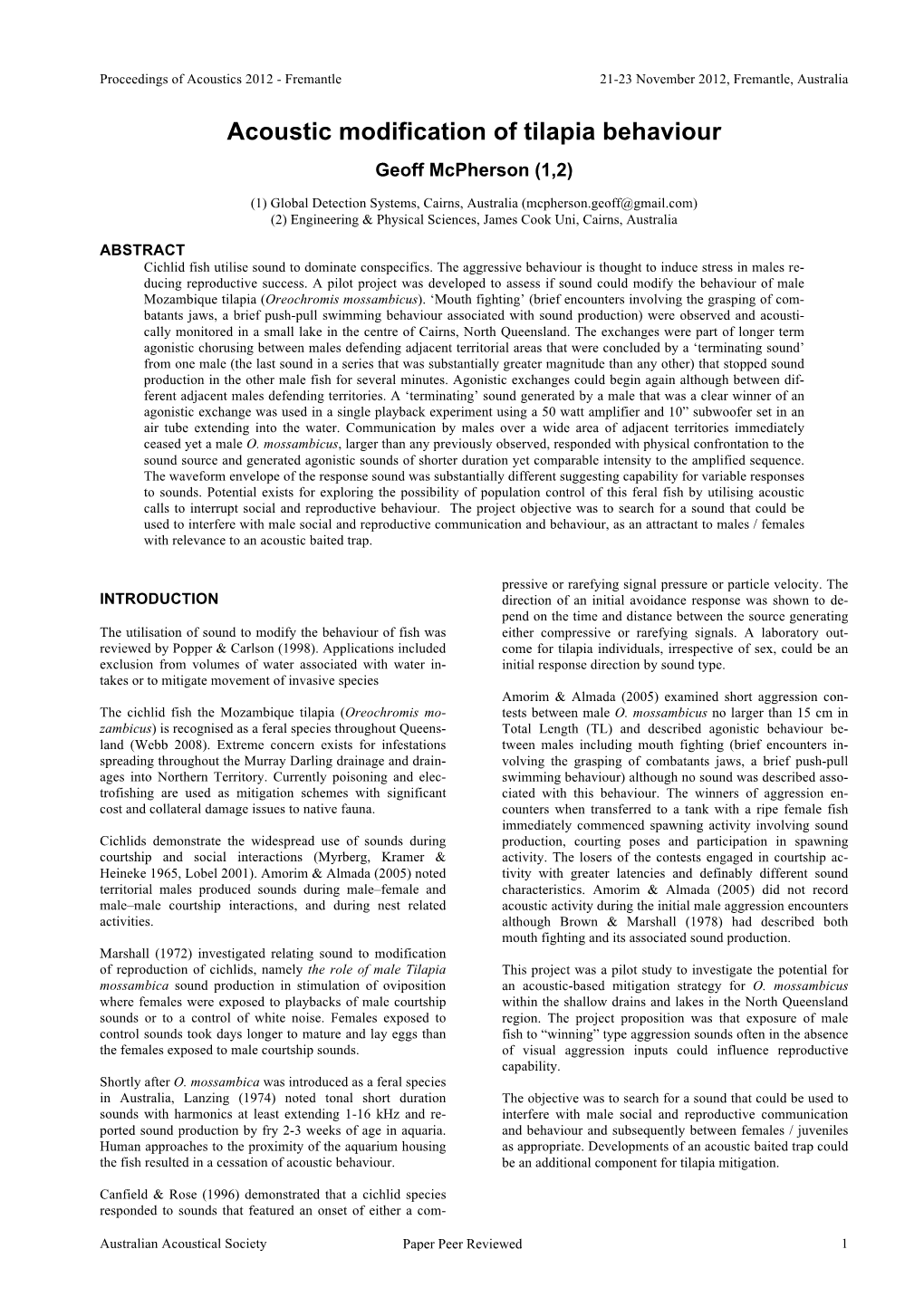 Mcpherson Revised Acoustic Modification of Tilapia Behaviour