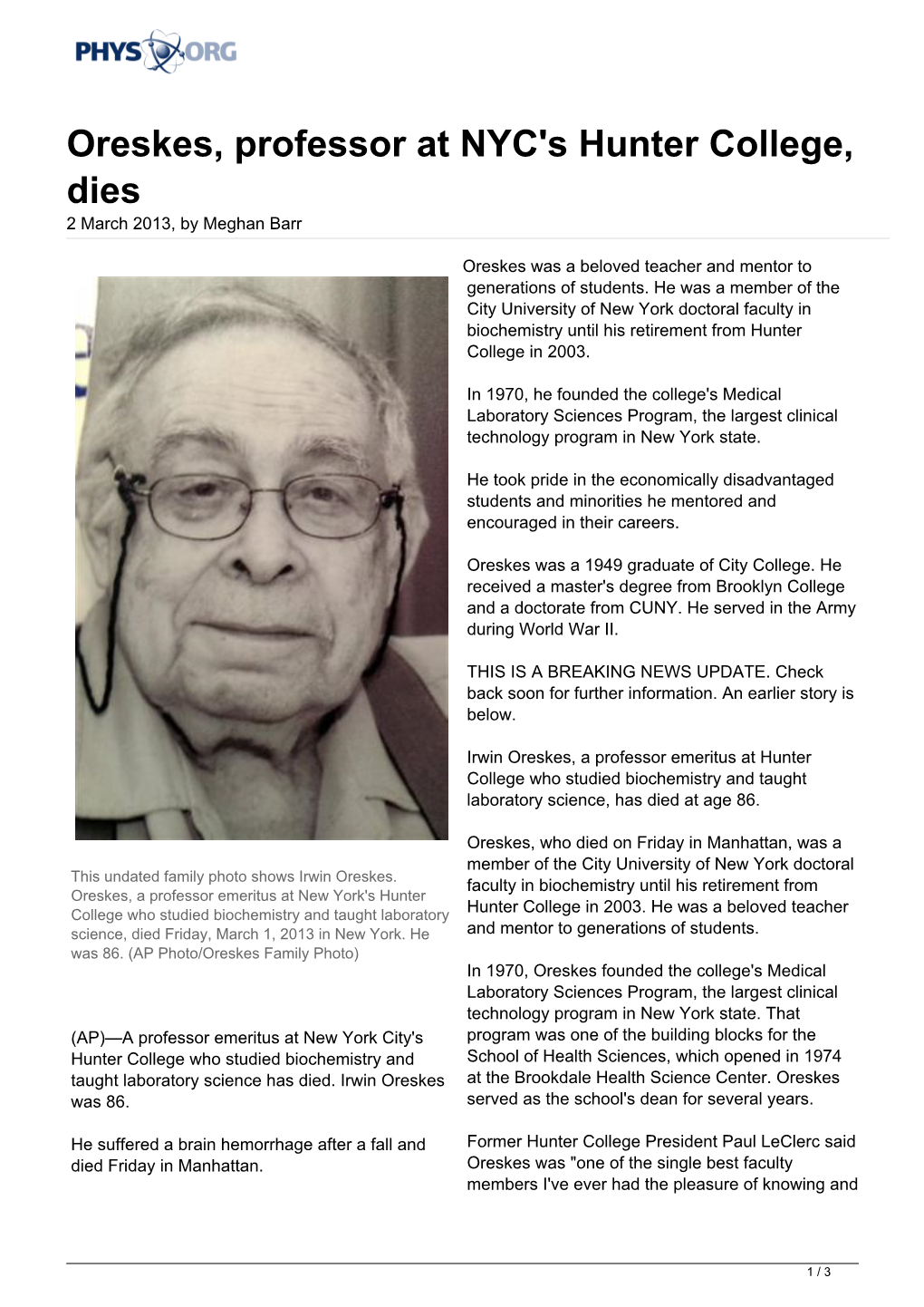 Oreskes, Professor at NYC's Hunter College, Dies 2 March 2013, by Meghan Barr