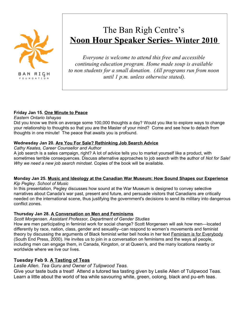 Winter 2010 Speaker Program