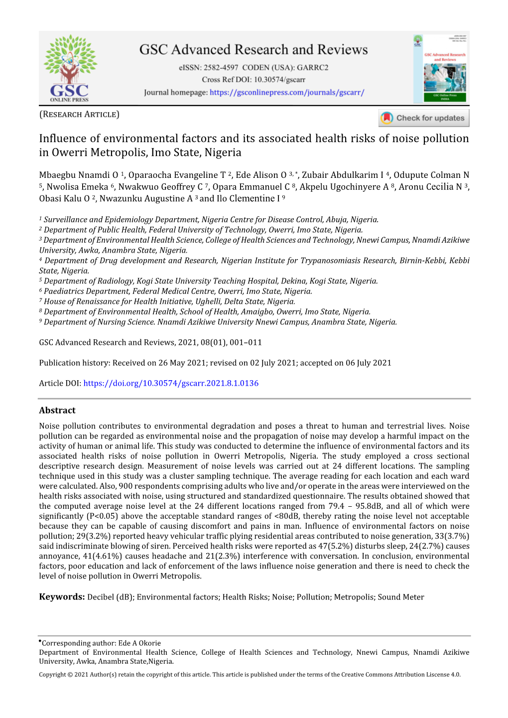 Influence of Environmental Factors and Its Associated Health Risks of Noise Pollution in Owerri Metropolis, Imo State, Nigeria