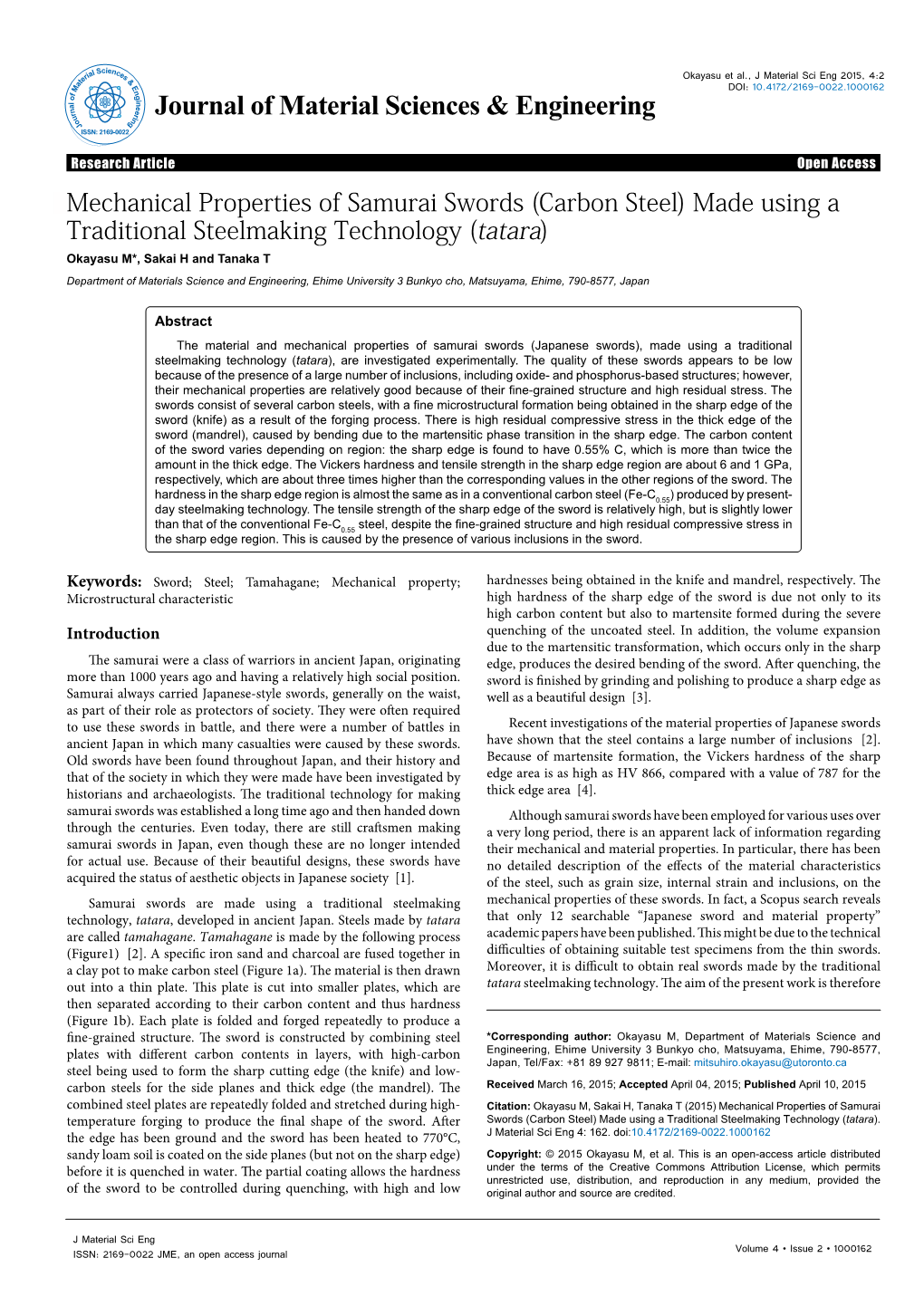 Mechanical Properties of Samurai Swords (Carbon Steel) Made Using a Traditional Steelmaking Technology