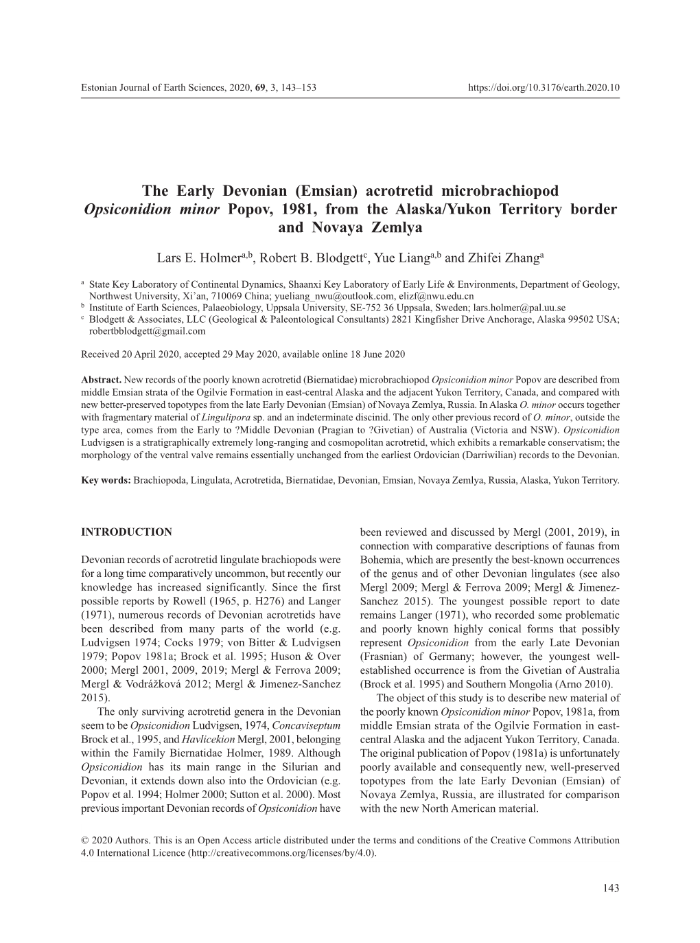 The Early Devonian (Emsian) Acrotretid Microbrachiopod Opsiconidion Minor Popov, 1981, from the Alaska/Yukon Territory Border and Novaya Zemlya