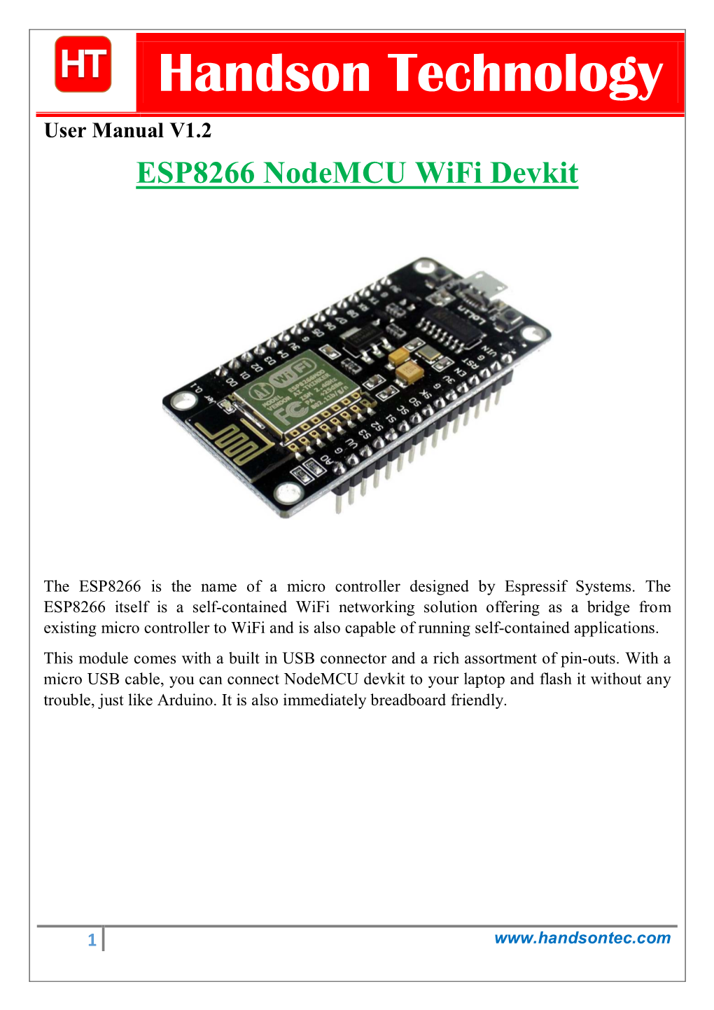 Handson Technology User Manual V1.2 ESP8266 Nodemcu Wifi Devkit