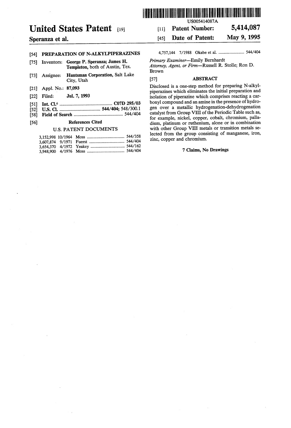 United States Patent 19 (11) Patent Number: 5,414,087 Speranza Et Al