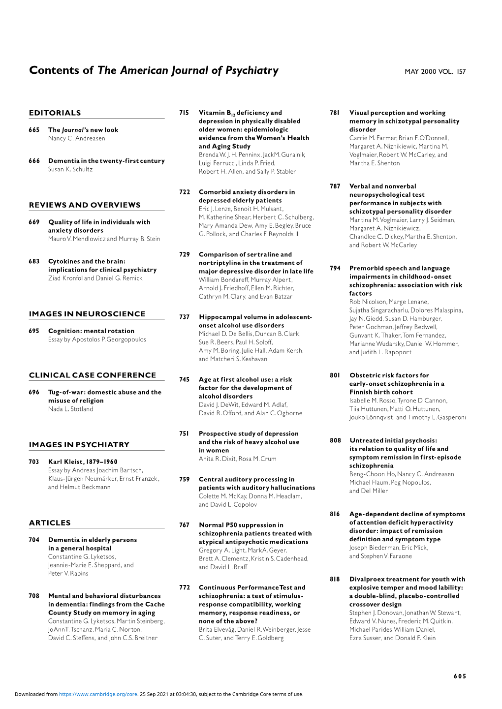 Contents of the American Journal of Psychiatry MAY 2000 VOL