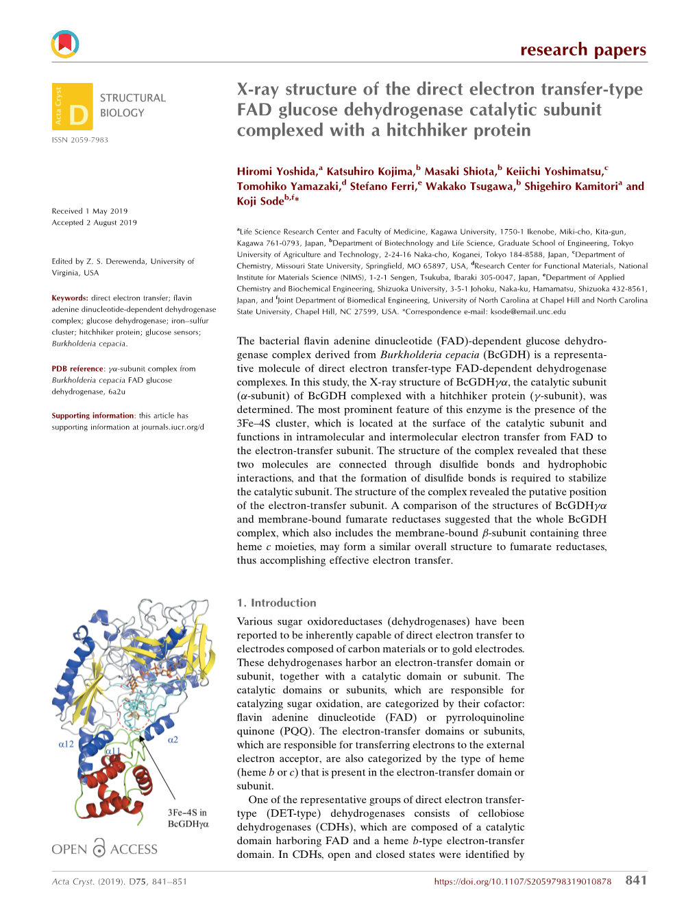 X-Ray Structure of the Direct Electron Transfer-Type FAD Glucose Dehydrogenase Catalytic Subunit Complexed with a Hitchhiker Protein ISSN 2059-7983