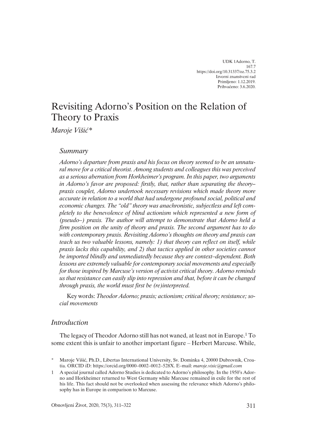 Revisiting Adorno's Position on the Relation of Theory to Praxis