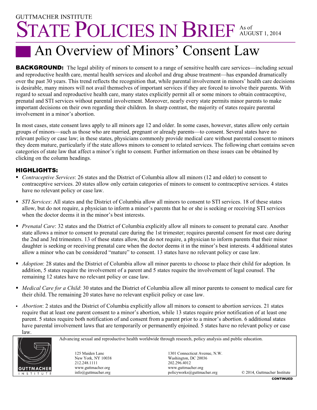 Minors Rights, Consent to Contraception, Abortion