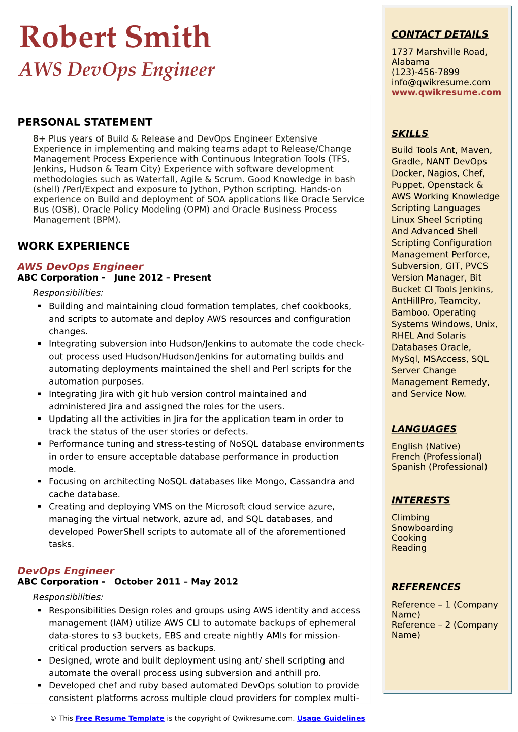 Resume Template Is the Copyright of Qwikresume.Com