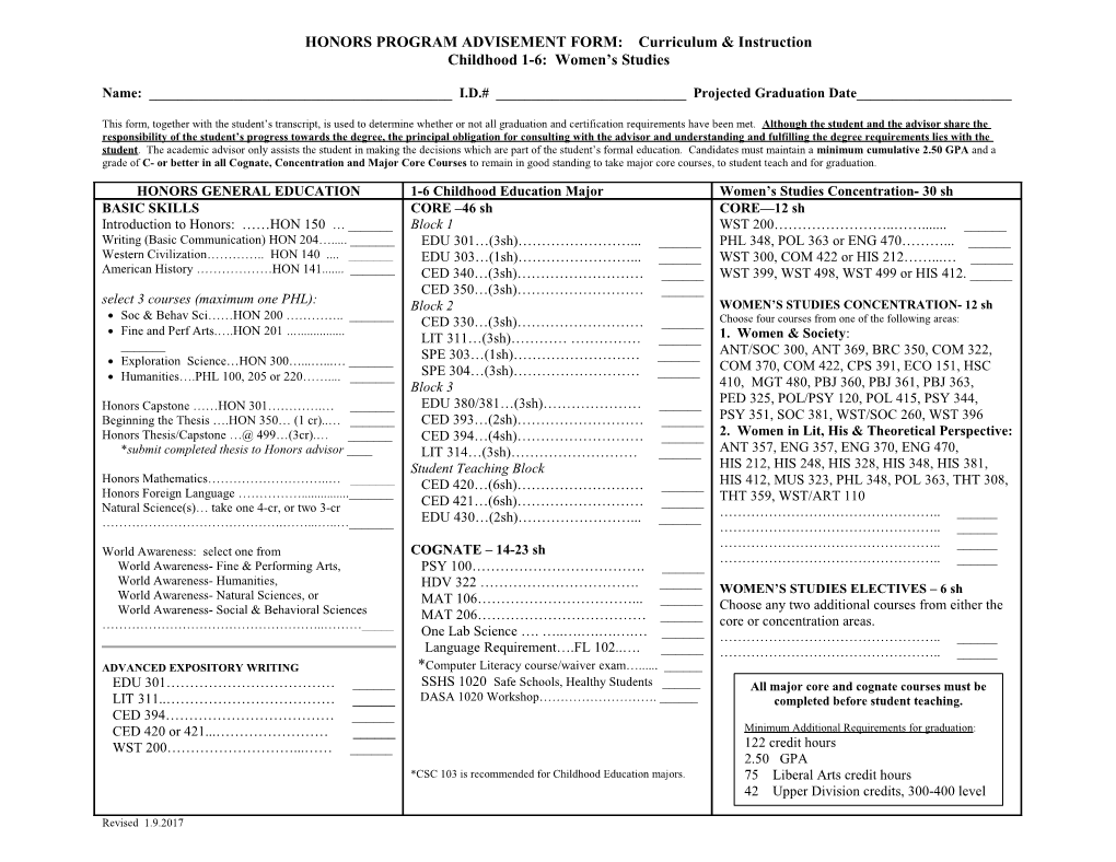 PROGRAM ADVISEMENT FORM: Curriculum & Instruction