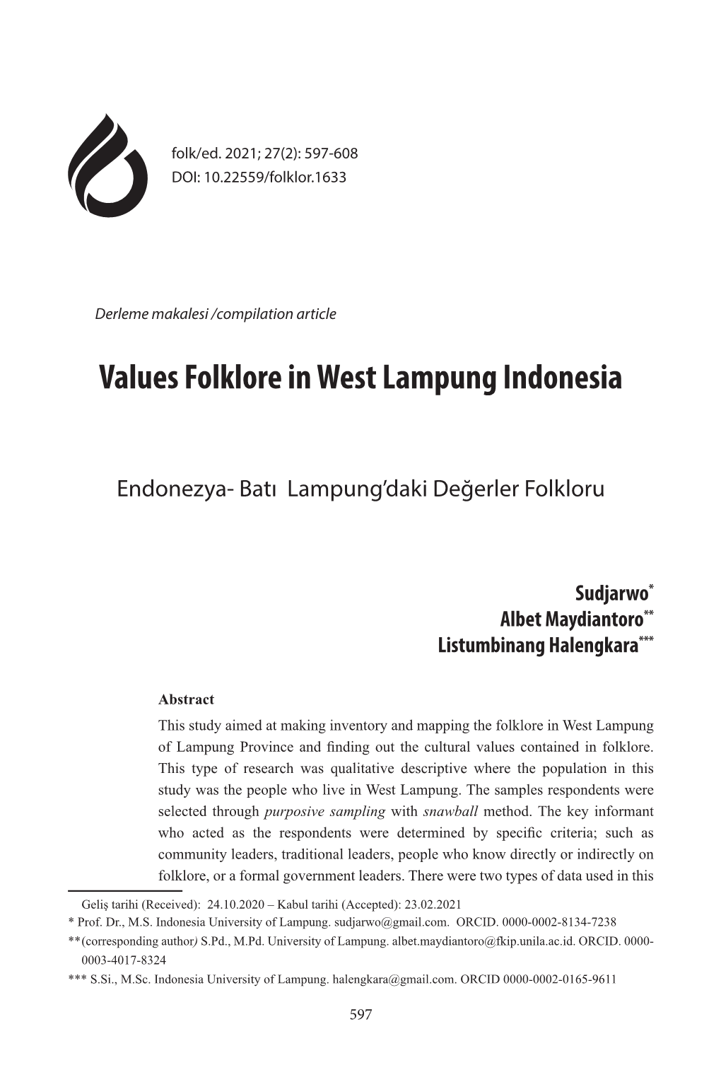 Values Folklore in West Lampung Indonesia