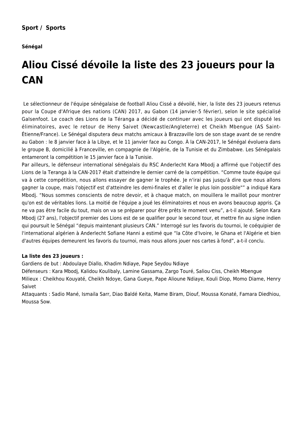 Aliou Cissé Dévoile La Liste Des 23 Joueurs Pour La CAN