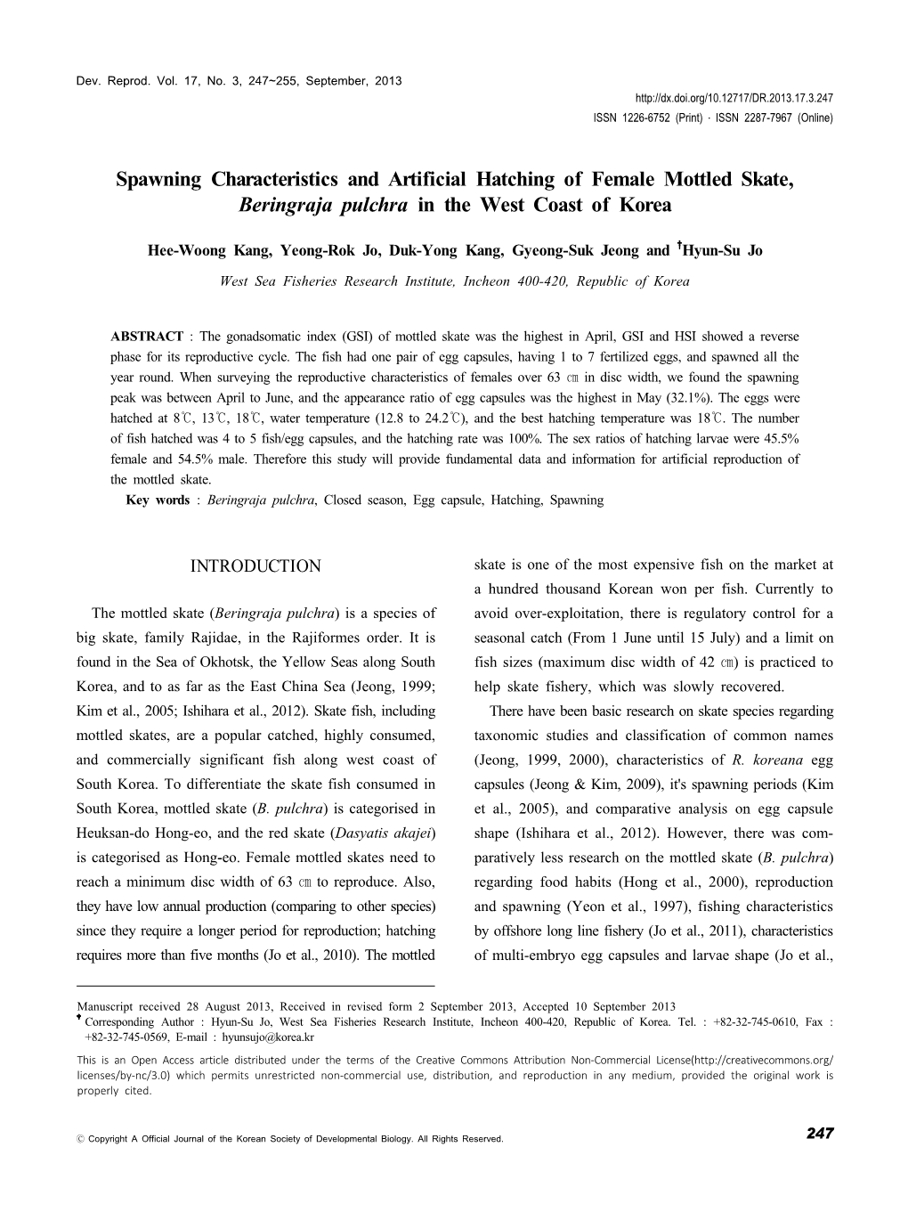 Spawning Characteristics and Artificial Hatching of Female Mottled Skate, Beringraja Pulchra in the West Coast of Korea