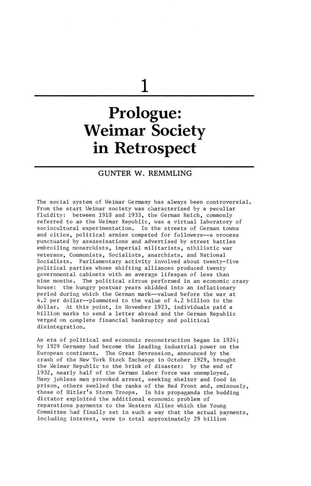 Prologue: Weimar Society in Retrospect