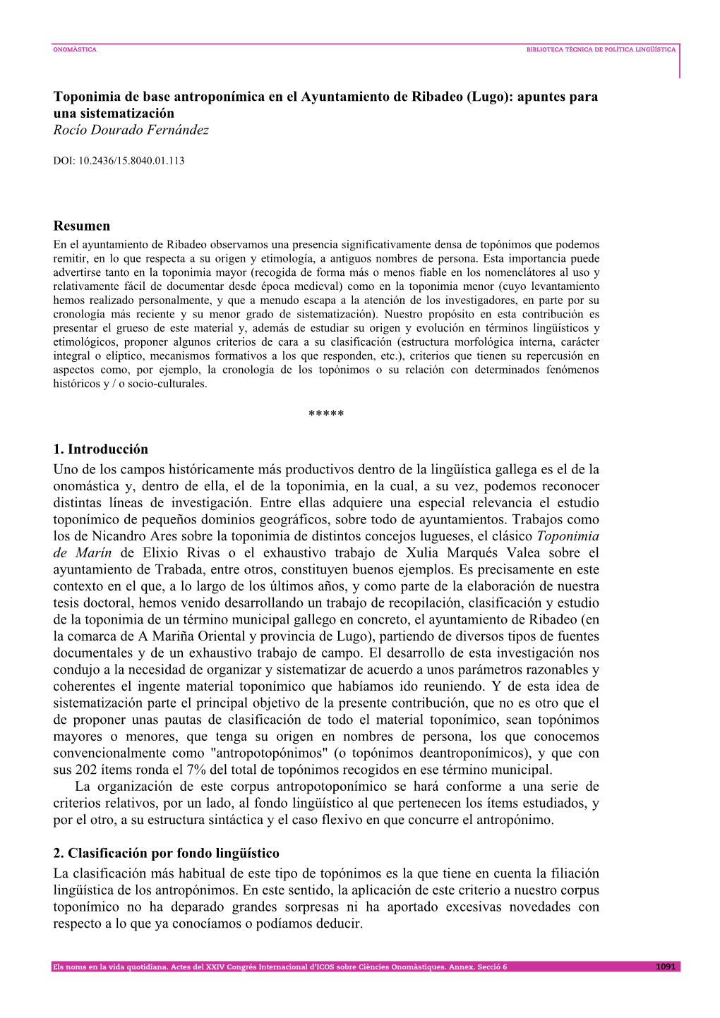 Toponimia De Base Antroponímica En El Ayuntamiento De Ribadeo (Lugo): Apuntes Para Una Sistematización Rocío Dourado Fernández