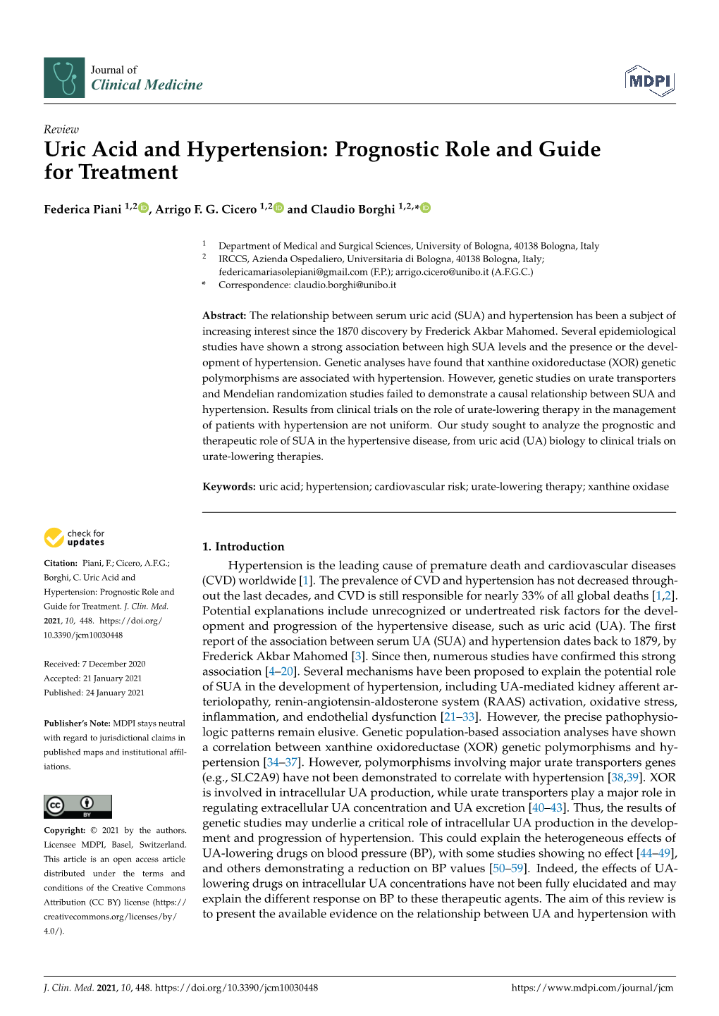 Uric Acid and Hypertension: Prognostic Role and Guide for Treatment