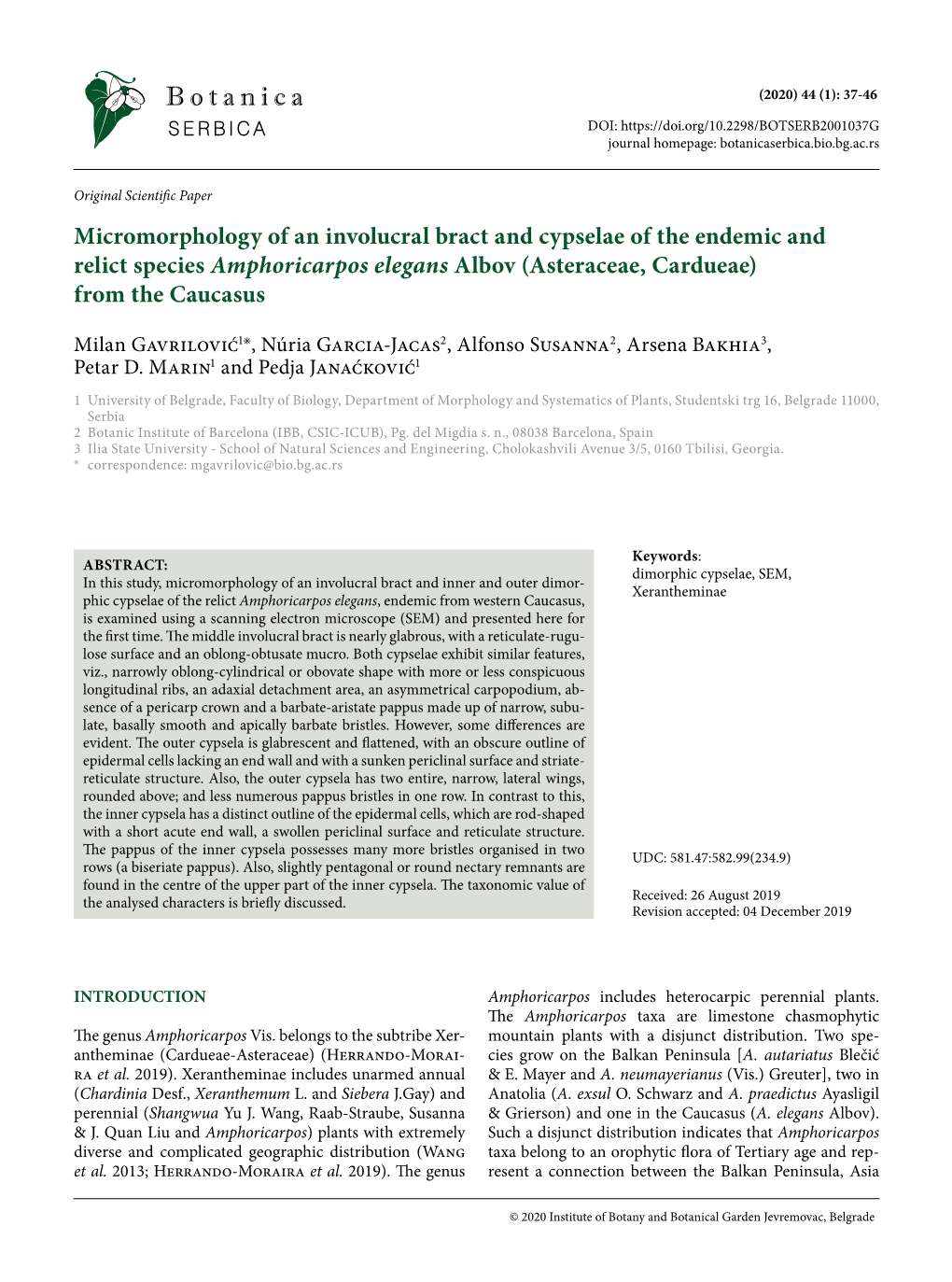 Micromorphology of an Involucral Bract and Cypselae of the Endemic and Relict Species Amphoricarpos Elegans Albov (Asteraceae, Cardueae) from the Caucasus