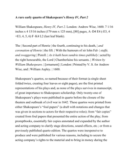 A Rare Early Quarto of Shakespeare's Henry IV, Part 2 William Shakespeare, Henry IV, Part 2. London: Andrew Wise, 1600. 7 1/16