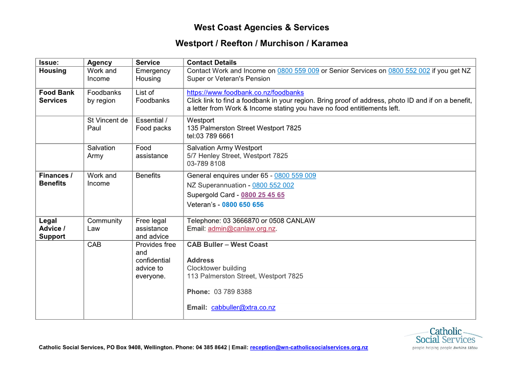 West Coast Agencies & Services Westport / Reefton / Murchison