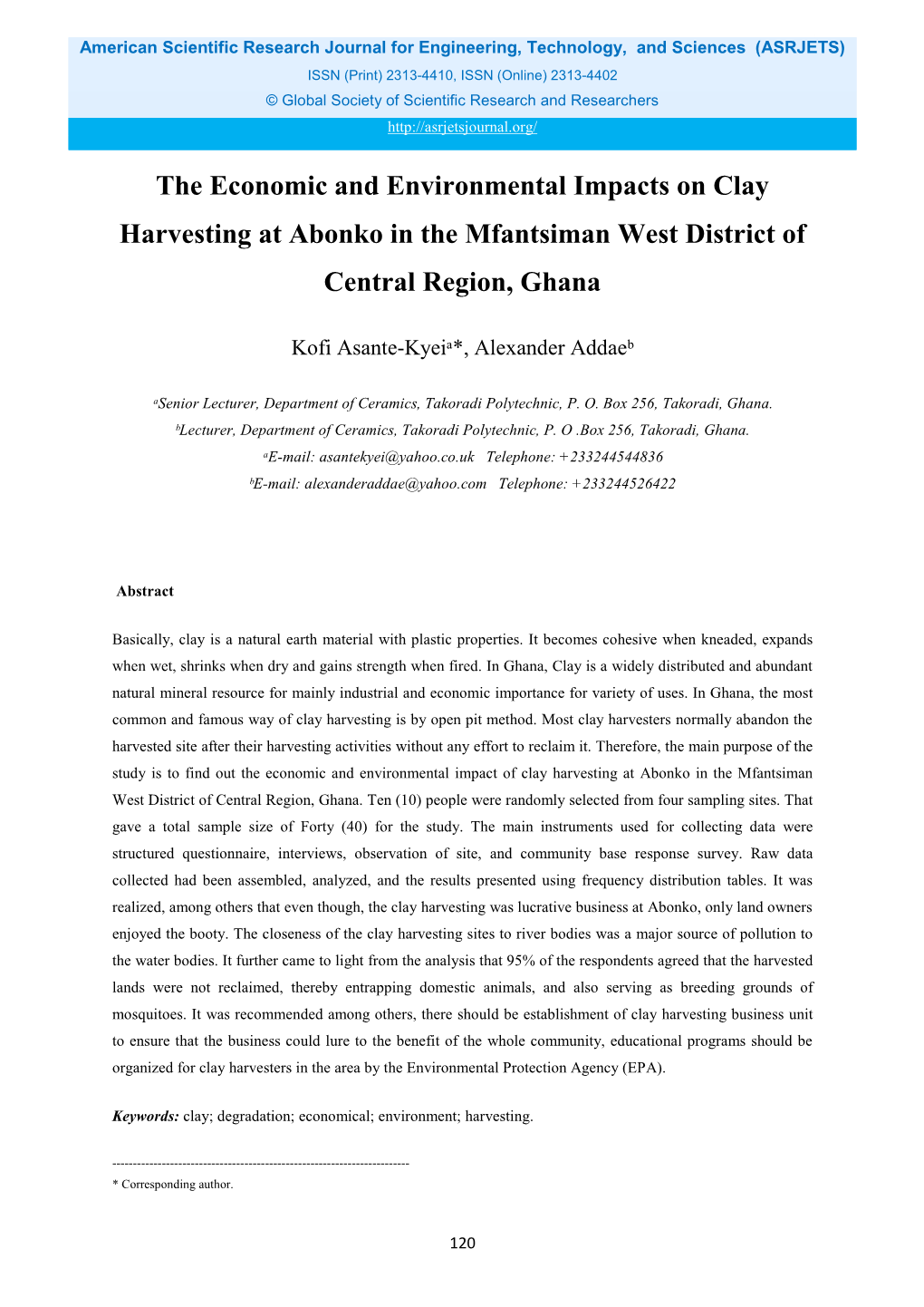 The Economic and Environmental Impacts on Clay Harvesting at Abonko in the Mfantsiman West District of Central Region, Ghana