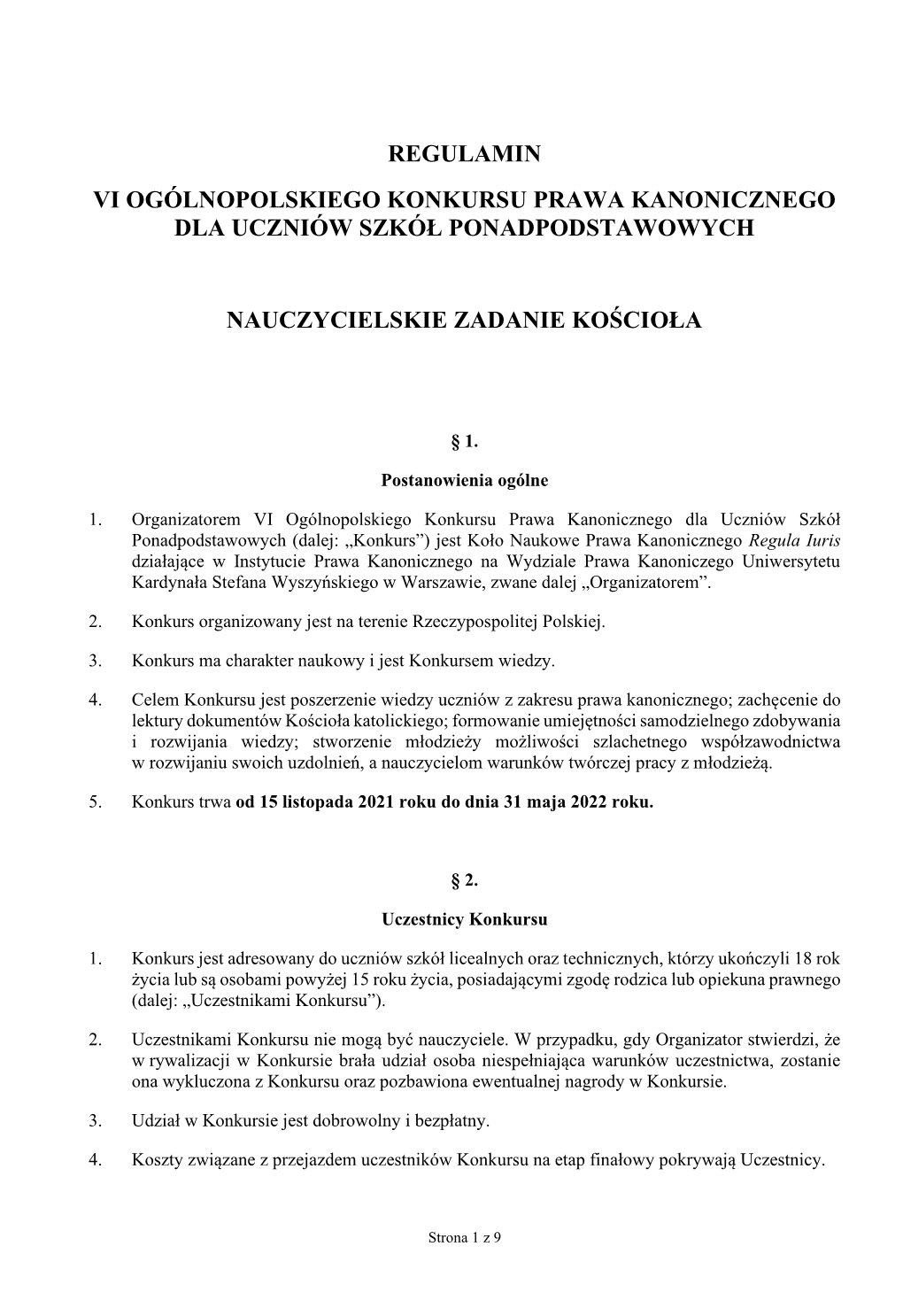 Regulamin Vi Ogólnopolskiego Konkursu Prawa Kanonicznego Dla Uczniów Szkół Ponadpodstawowych