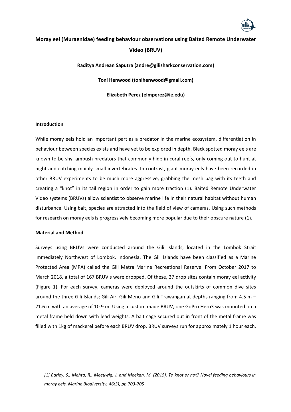 Moray Eel (Muraenidae) Feeding Behaviour Observations Using Baited Remote Underwater Video (BRUV)