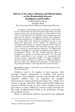 Effects of Sex, Race, Ethnicity and Marital Status on the Relationship Between Intelligence and Fertility