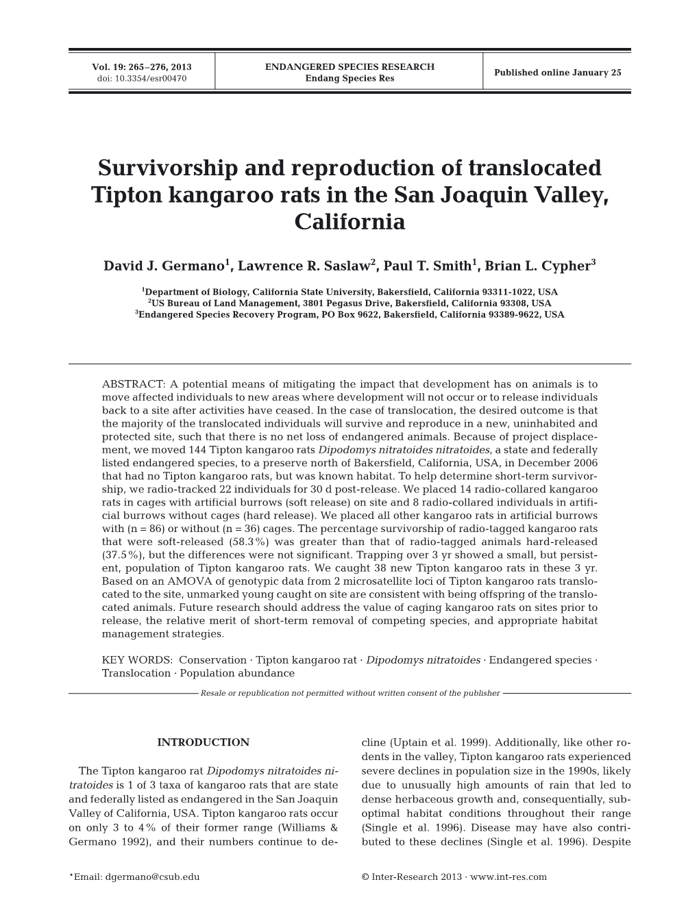 Survivorship and Reproduction of Translocated Tipton Kangaroo Rats in the San Joaquin Valley, California