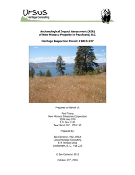 Archaeological Impact Assessment (AIA) of New Monaco Property in Peachland, B.C