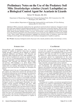 Preliminary Notes on the Use of the Predatory Soil Mite Stratiolaelaps Scimitus (Acari: Laelapidae) As a Biological Control Agent for Acariasis in Lizards Robert W