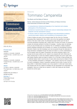 Tommaso Campanella the Book and the Body of Nature Series: International Archives of the History of Ideas Archives Internationales D'histoire Des Idées
