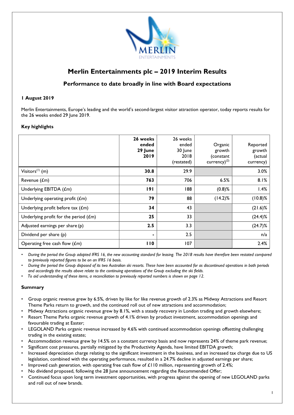 2019 Interim Results Performance to Date Broadly in Line with Board Expectations