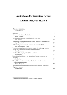 Australasian Parliamentary Review Autumn 2013, Vol. 28, No. 1