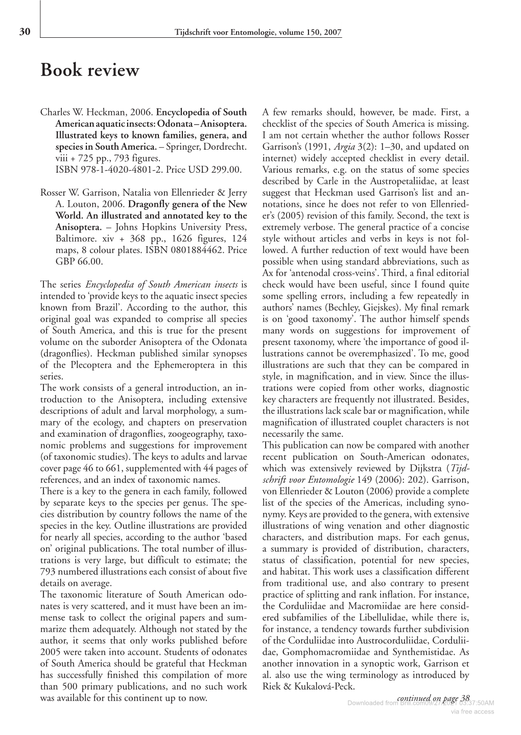 Downloaded Fromcontinued Brill.Com09/27/2021 on Page 03:37:50AM38 Via Free Access 38 Tijdschrift Voor Entomologie, Volume 150, 2007