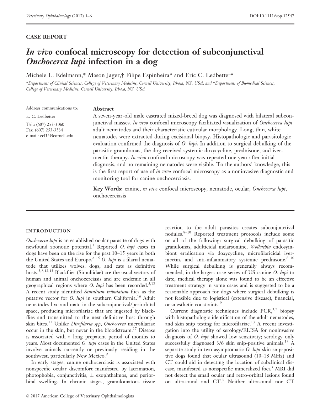 In Vivo Confocal Microscopy for Detection of Subconjunctival Onchocerca Lupi Infection in a Dog