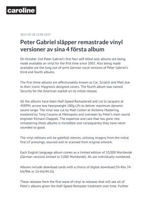 Peter Gabriel Släpper Remastrade Vinyl Versioner Av Sina 4 Första Album