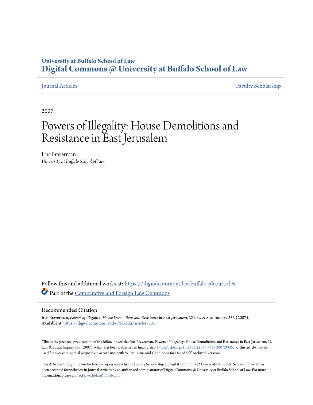 House Demolitions and Resistance in East Jerusalem Irus Braverman University at Buffalo School of Law