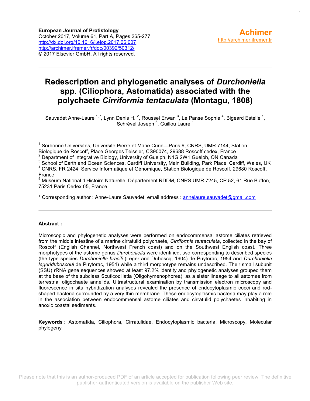 Redescription and Phylogenetic Analyses of Durchoniella Spp