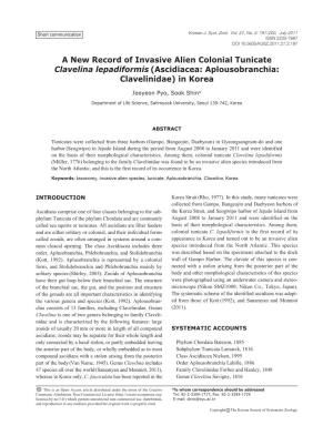 A New Record of Invasive Alien Colonial Tunicate Clavelina Lepadiformis (Ascidiacea: Aplousobranchia: Clavelinidae) in Korea