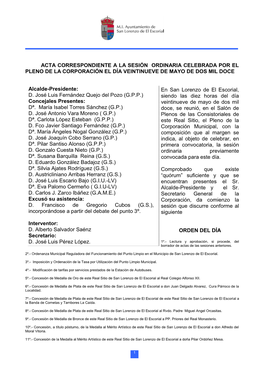 Acta Correspondiente a La Sesión Ordinaria Celebrada Por El Pleno De La Corporación El Día Veintinueve De Mayo De Dos Mil Doce