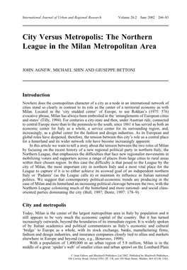 City Versus Metropolis: the Northern League in the Milan Metropolitan Area