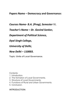 Dr. Govind Sonker, Department of Political Science, Dyal Singh College, University of Delhi, New Delhi – 110003